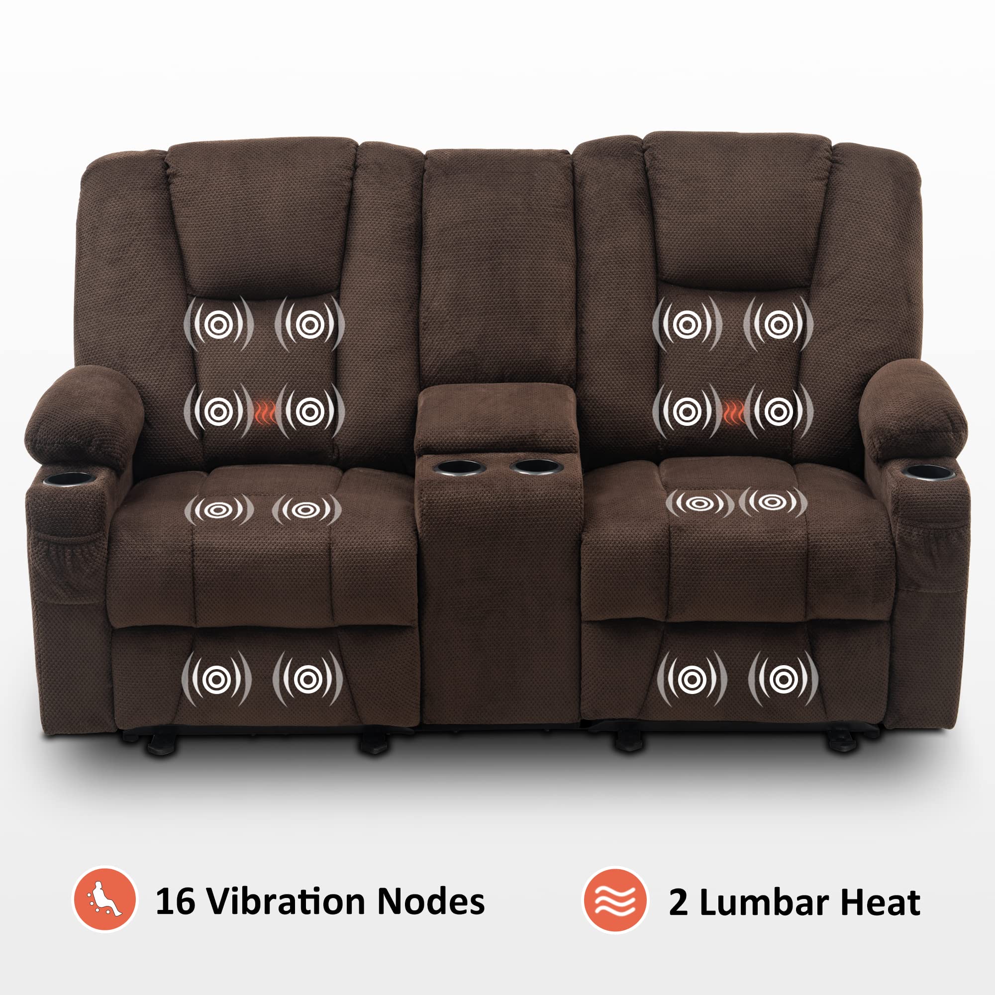 MCombo Fabric Power Loveseat Recliner with Console, Electric Reclining Loveseat Sofa with Heat and Massage, Cup Holders, USB Charge Port for Living Room 6045 (Brown)