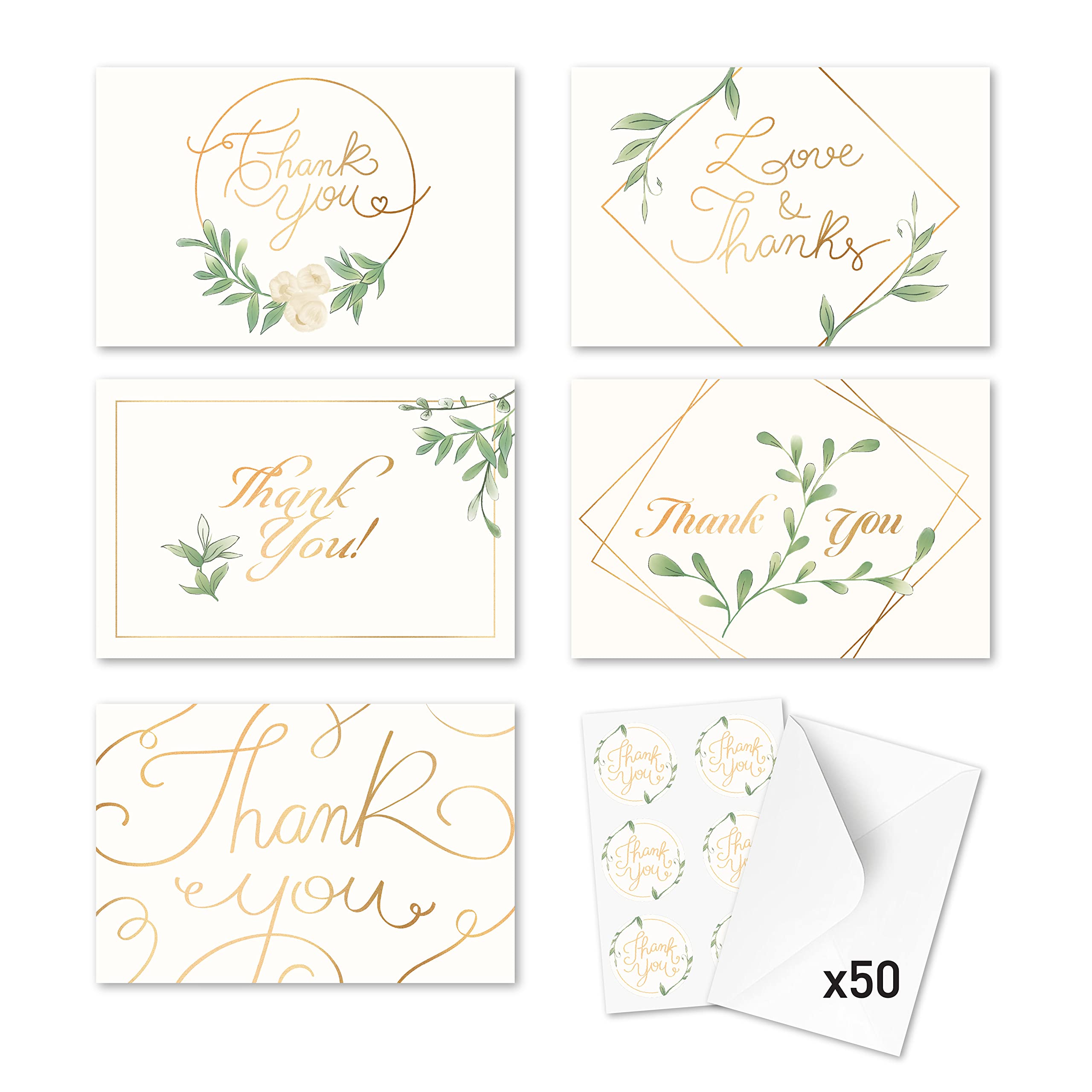 Rileys & Co Thank You Wedding Cards, Gold Foil, Classic Wedding Cards 50 Count, with Stickers & Envelopes | Bulk Thank You Cards with Envelopes | Wedding Thank You Cards Greenery and Gold