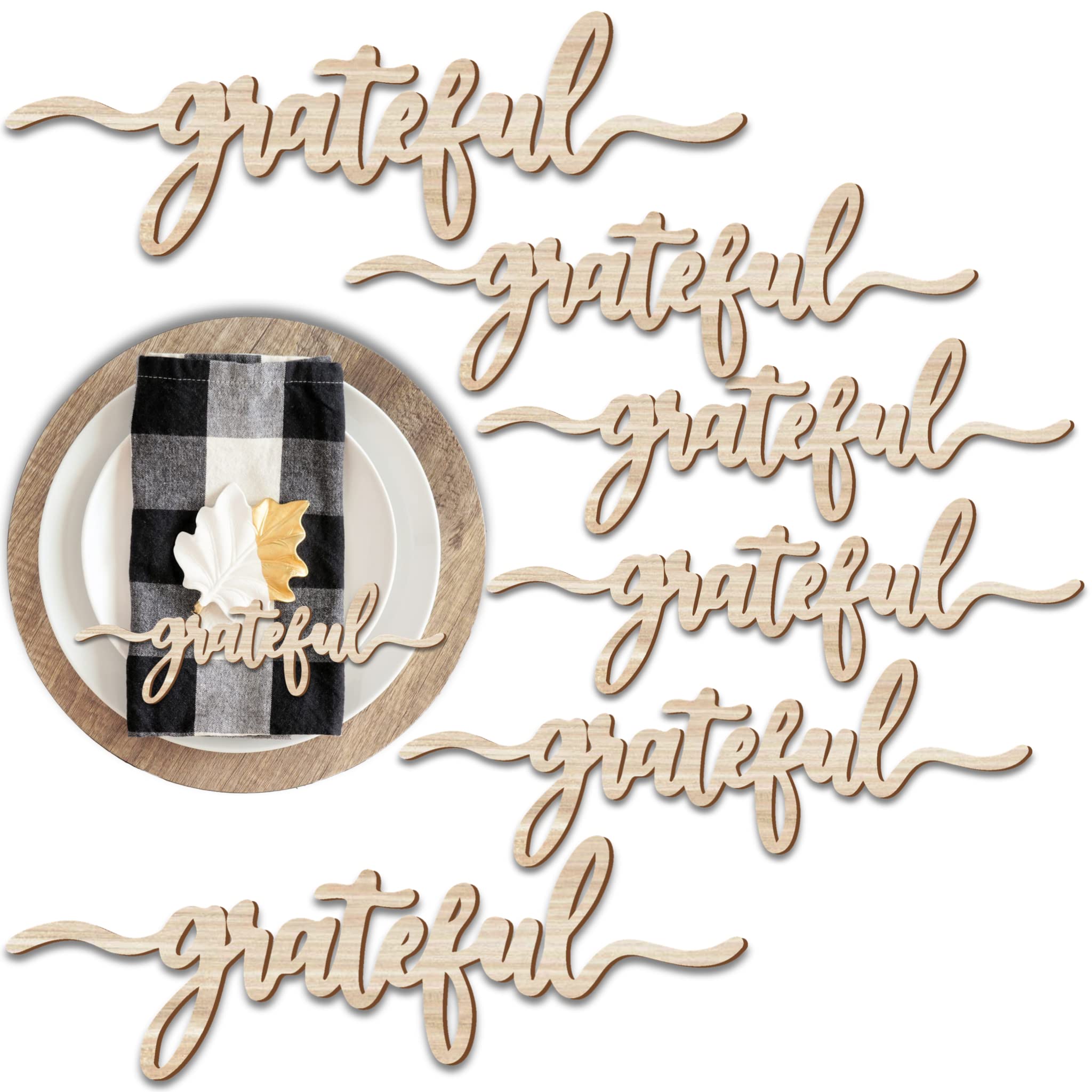 Thanksgiving Place Cards Blessed, Thankful, Grateful Wood Signs Fall Dining Table Plate Ornament Farmhouse Home Table Setting Decor 6 Pack (Grateful)