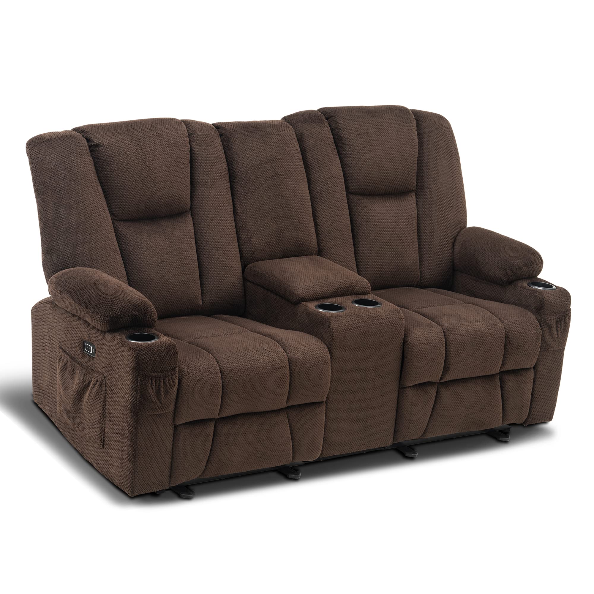 MCombo Fabric Power Loveseat Recliner with Console, Electric Reclining Loveseat Sofa with Heat and Massage, Cup Holders, USB Charge Port for Living Room 6045 (Brown)