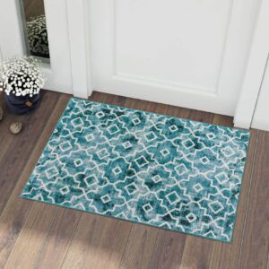 wonnitar moroccan washable area rug - small 2x3 teal distressed entryway rug doormat modern geometric non-slip throw rug faux wool floor carpet for bathroom laundry indoor office (teal,2'x3')