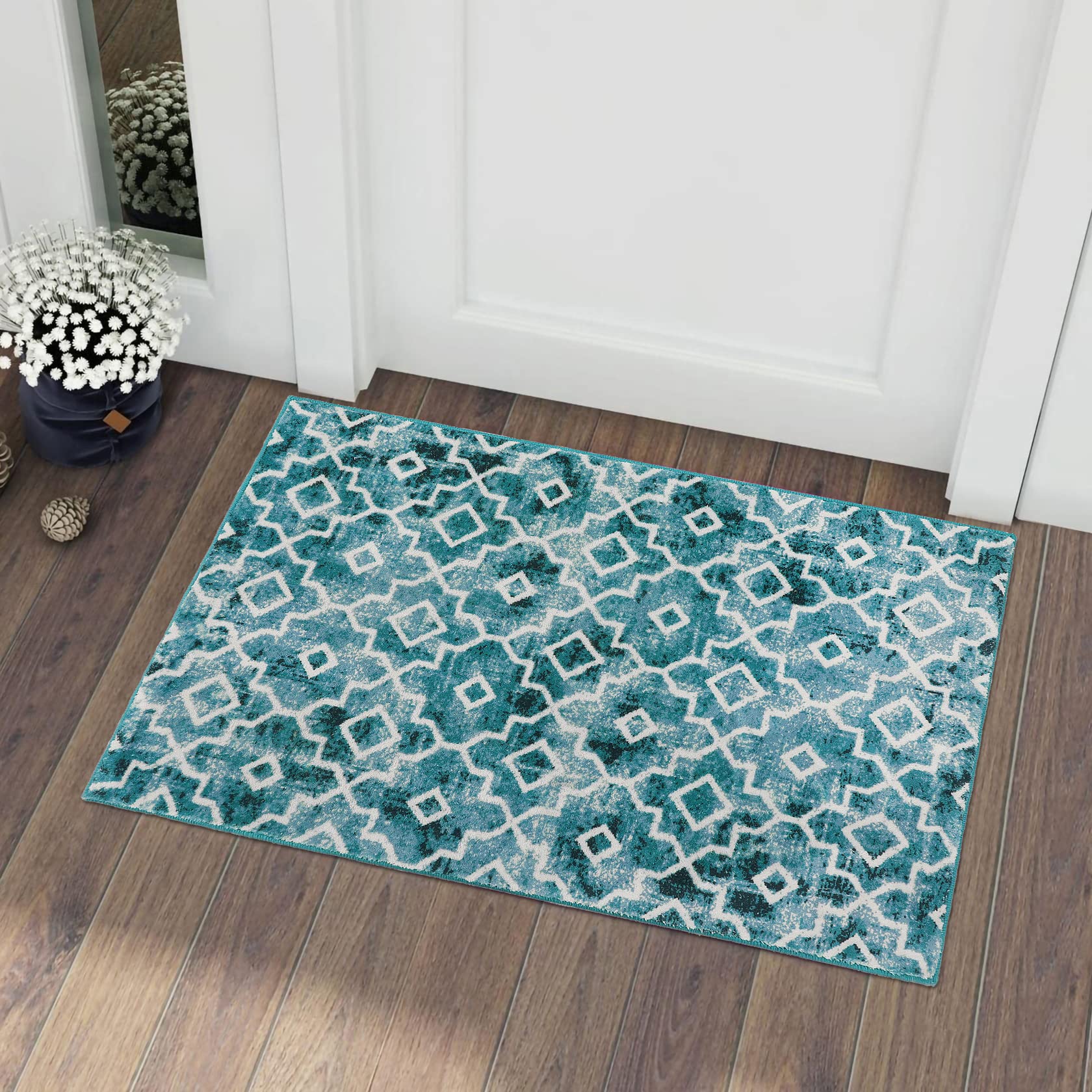 Wonnitar Moroccan Washable Area Rug - Small 2x3 Teal Distressed Entryway Rug Doormat Modern Geometric Non-Slip Throw Rug Faux Wool Floor Carpet for Bathroom Laundry Indoor Office (Teal,2'x3')