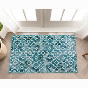 Wonnitar Moroccan Washable Area Rug - Small 2x3 Teal Distressed Entryway Rug Doormat Modern Geometric Non-Slip Throw Rug Faux Wool Floor Carpet for Bathroom Laundry Indoor Office (Teal,2'x3')