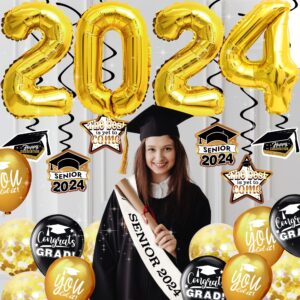 graduation decorations class of 2024 black gold - (89pack) Congrats Grad Banners, class of 2024, Hanging Swirl, Balloons, Tablecloths, Cupcake Topper, Plates, Photo Props, senior 2024 Sash