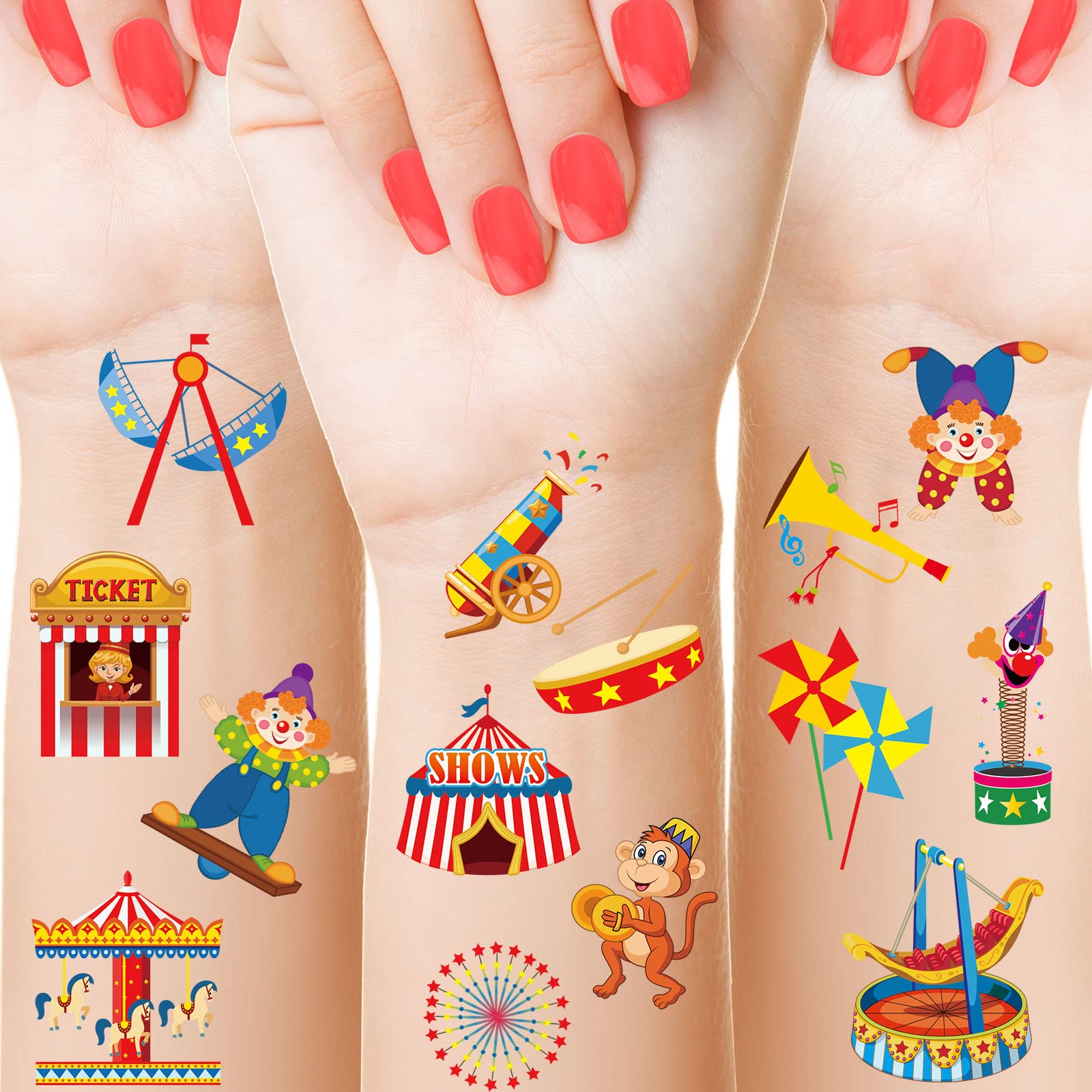 Maitys 288 Pcs Carnival Tattoos for Kids, 48 Styles Circus Party Carnival Temporary Tattoos Circus Tattoos Carnival Theme Party Circus Party Decoration Favor Supplies