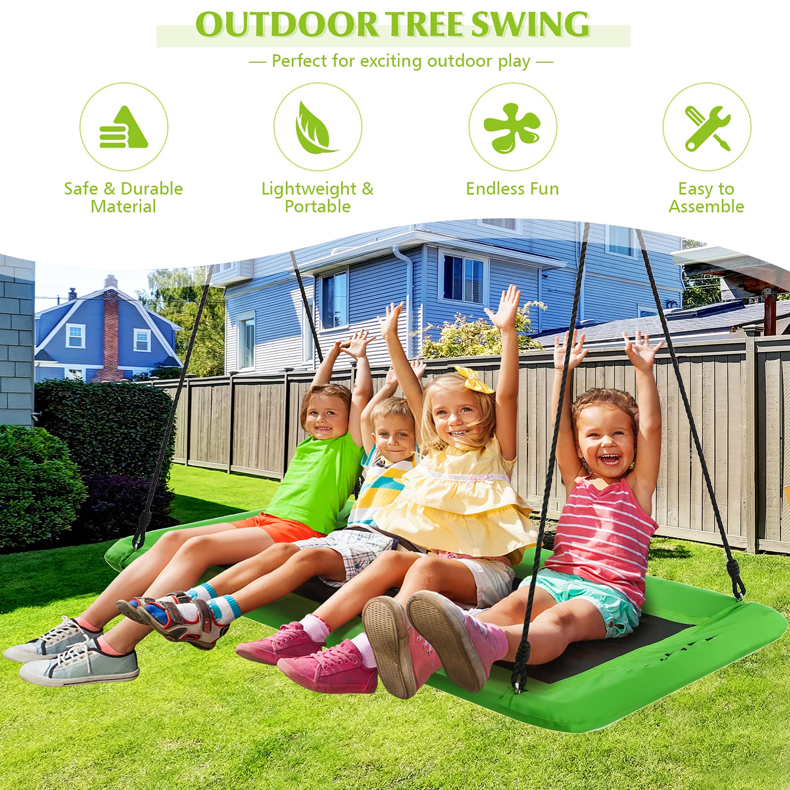 Goplus 700LBS 60 Inch Giant Platform Tree Swing for Kids and Adults, Indoor Outdoor Adjustable Rectangle Swing w/ 2 Hanging Straps & Steel Frame, Waterproof Swing Set for Yard Porch Backyard (Green)