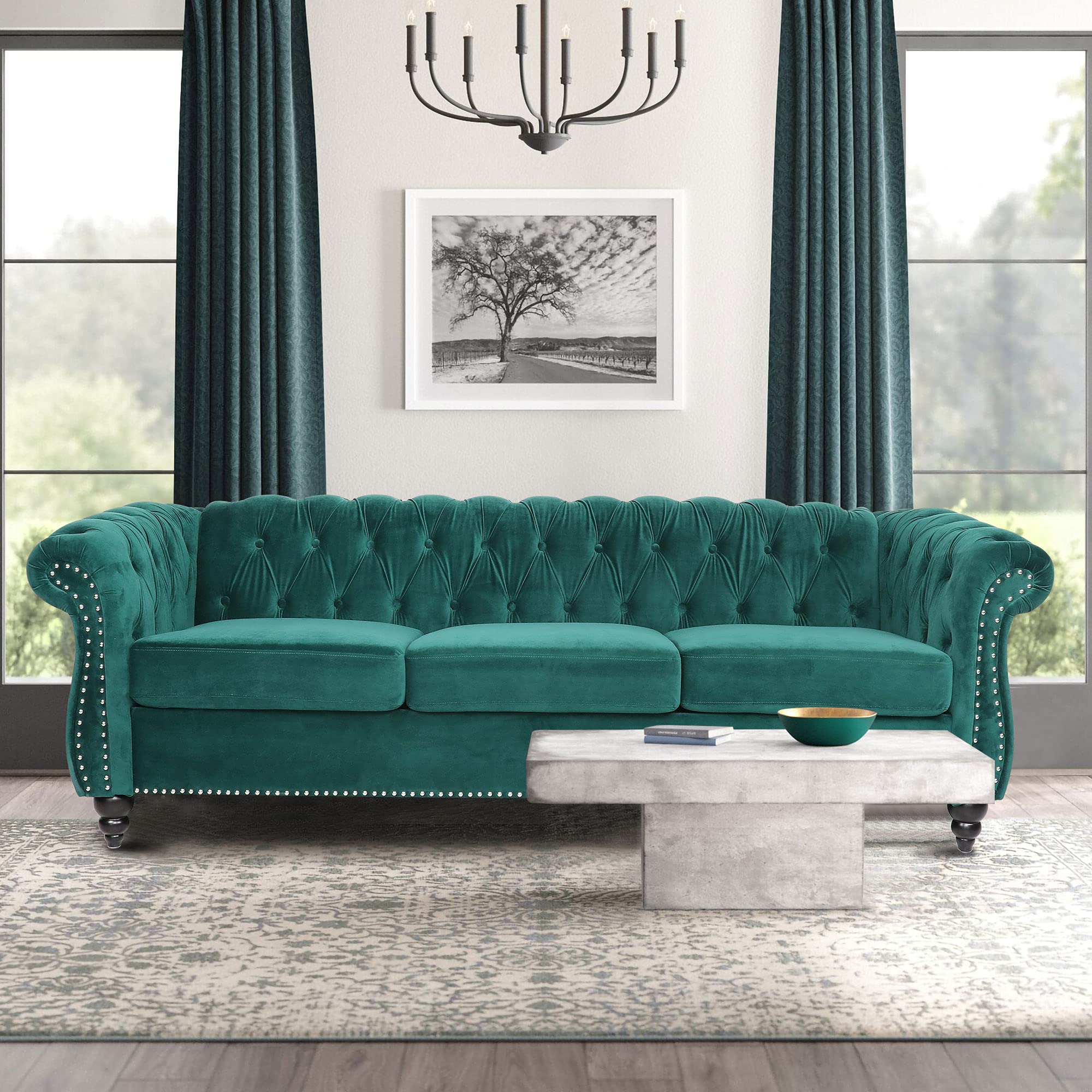 ONCIN Velvet Chesterfield Sofa, 84 inch Modern Tufted 3 Seater Couch with Scroll Arms and Wood Legs for Living Room Bedroom (Green)