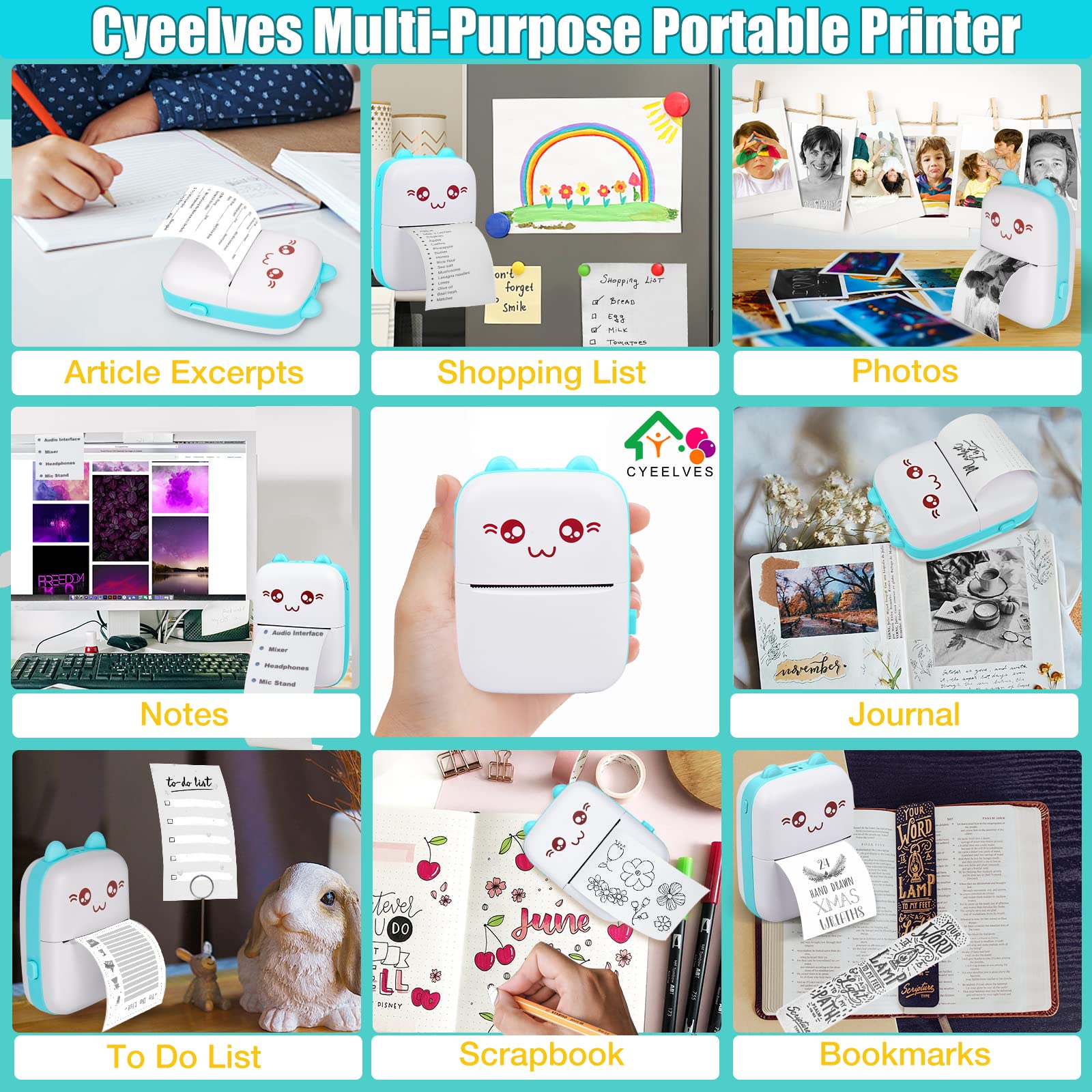 Mini Printer Portable, Mini Thermal Printer, Mini Pocket Printer with 6 Rolls Paper, Mini Photo Printer, Wireless Bluetooth Smart Phone Inkless Printers, for Travel Picture Sticker Receipt Label Notes