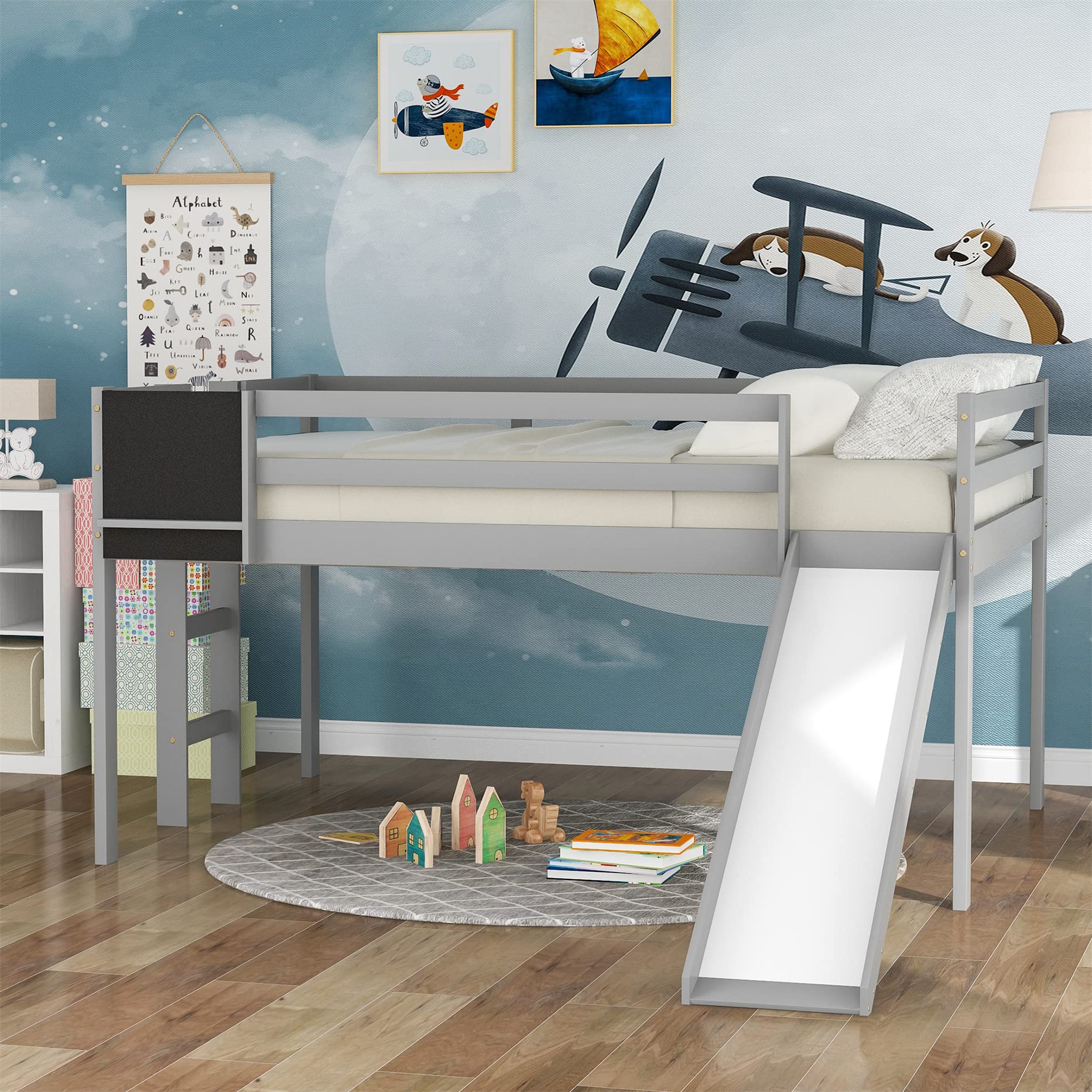 Harper & Bright Designs Full Loft Bed with Slide for Kids Wood Low Loft Bed with Chalkboard, Ladder, Guardrail, Kids Loft Bed Frame for Livingroom, Bedroom, Guest Room (Full, Grey)