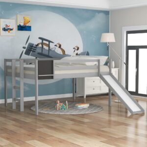 Harper & Bright Designs Full Loft Bed with Slide for Kids Wood Low Loft Bed with Chalkboard, Ladder, Guardrail, Kids Loft Bed Frame for Livingroom, Bedroom, Guest Room (Full, Grey)