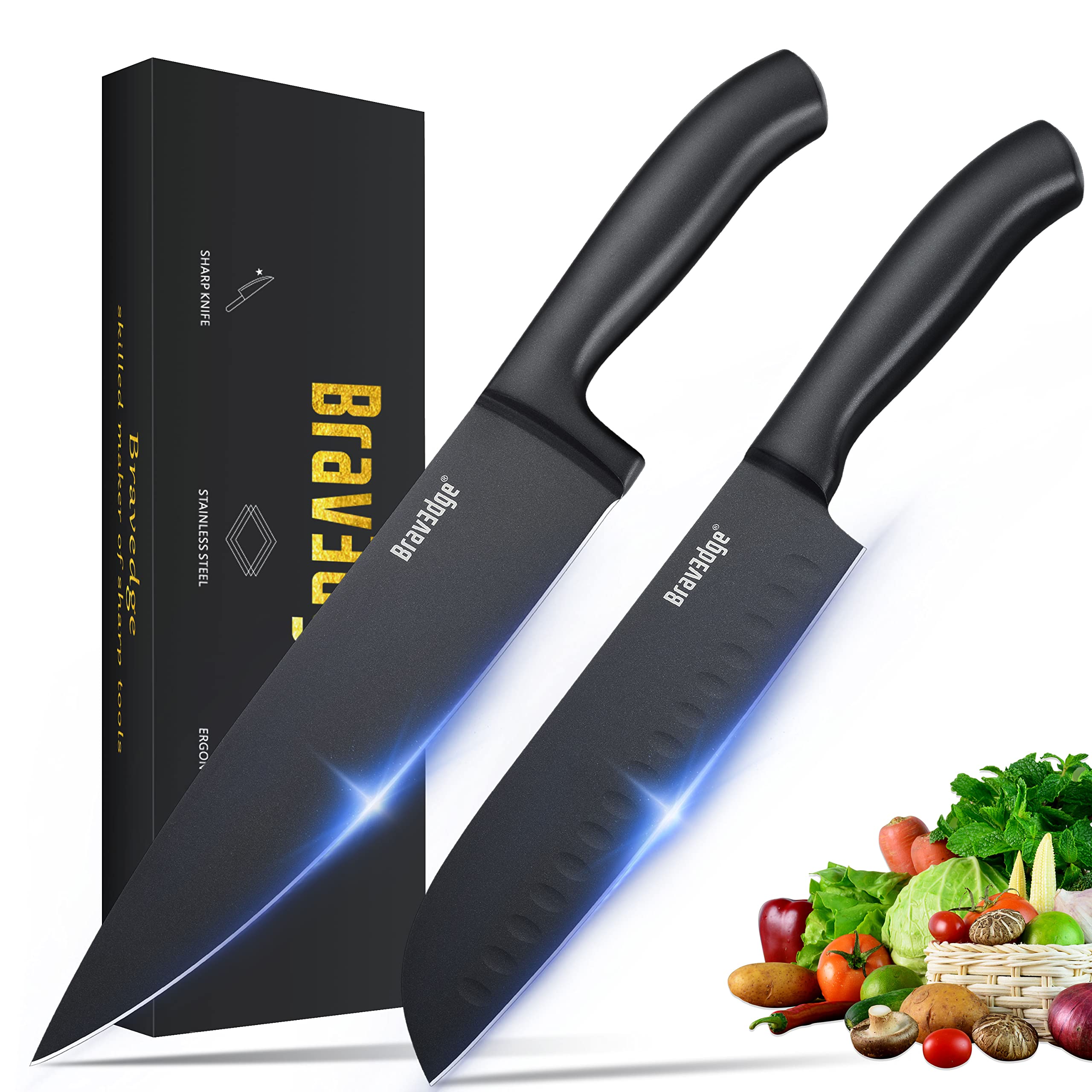 Bravedge Kitchen Knives, 8'' Chef Knife and 7'' Santoku Knife, 2-Piece Professional Chef Knife Set with High Carbon Stainless Steel Blade and Ergonomic Handle, Knives Set for Kitchen with Gift Box