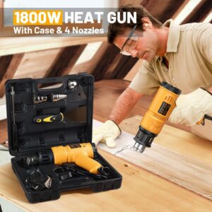 SEEKONE Heat Gun 1800W Heavy Duty Hot Air Gun Kit With Carry Case Variable Temperature Control 122℉~1112℉（50℃- 600℃） Overload Protection with 4 Nozzles for Crafts, Shrinking PVC, Stripping Paint