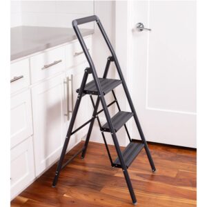 BIRDROCK HOME Slim Aluminum Step Ladder - Lightweight Folding Step Stool for Kitchen, Home, Tall Cabinets, or Closet - Compact Narrow Metal Stepstool with Anti-Slip Steps - 3 Step Ladder for Adults