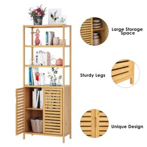 HIFIT Tall Bathroom Storage Cabinet, Bamboo Storage Cabinet with 2 Doors and 3 Tier Shelves, Bathroom Cabinet Freestanding, 67”H Bamboo Tall Cabinet for Bathroom Living Room Kitchen, Nature