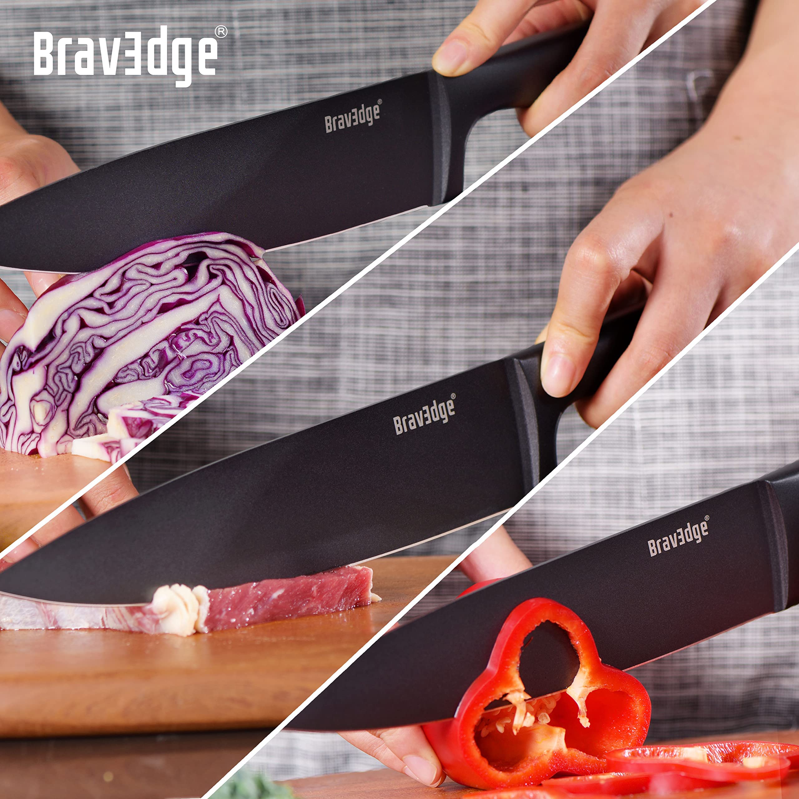 Bravedge Kitchen Knives, 8'' Chef Knife and 7'' Santoku Knife, 2-Piece Professional Chef Knife Set with High Carbon Stainless Steel Blade and Ergonomic Handle, Knives Set for Kitchen with Gift Box