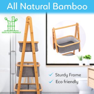 SerenelifeHome 3 Tier Fold Out Hamper Shelf Storage - Space Saving Collapsible Foldable Natural Bamboo Wooden Organizer Removable Baskets for Bedroom Bathroom Laundry Clothes Towels