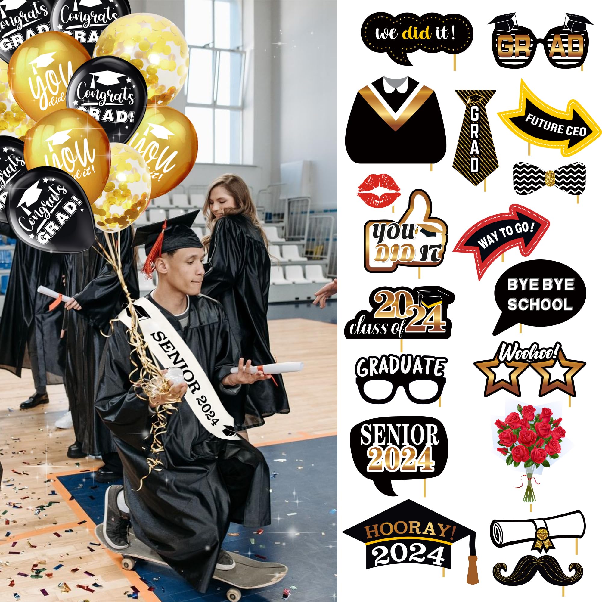 graduation decorations class of 2024 black gold - (89pack) Congrats Grad Banners, class of 2024, Hanging Swirl, Balloons, Tablecloths, Cupcake Topper, Plates, Photo Props, senior 2024 Sash