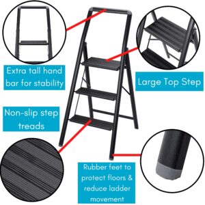 BIRDROCK HOME Slim Aluminum Step Ladder - Lightweight Folding Step Stool for Kitchen, Home, Tall Cabinets, or Closet - Compact Narrow Metal Stepstool with Anti-Slip Steps - 3 Step Ladder for Adults