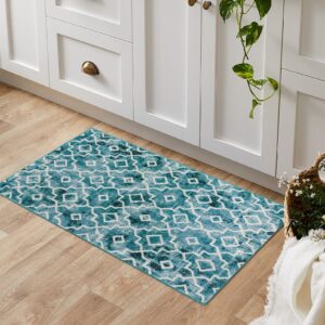 Wonnitar Moroccan Washable Area Rug - Small 2x3 Teal Distressed Entryway Rug Doormat Modern Geometric Non-Slip Throw Rug Faux Wool Floor Carpet for Bathroom Laundry Indoor Office (Teal,2'x3')