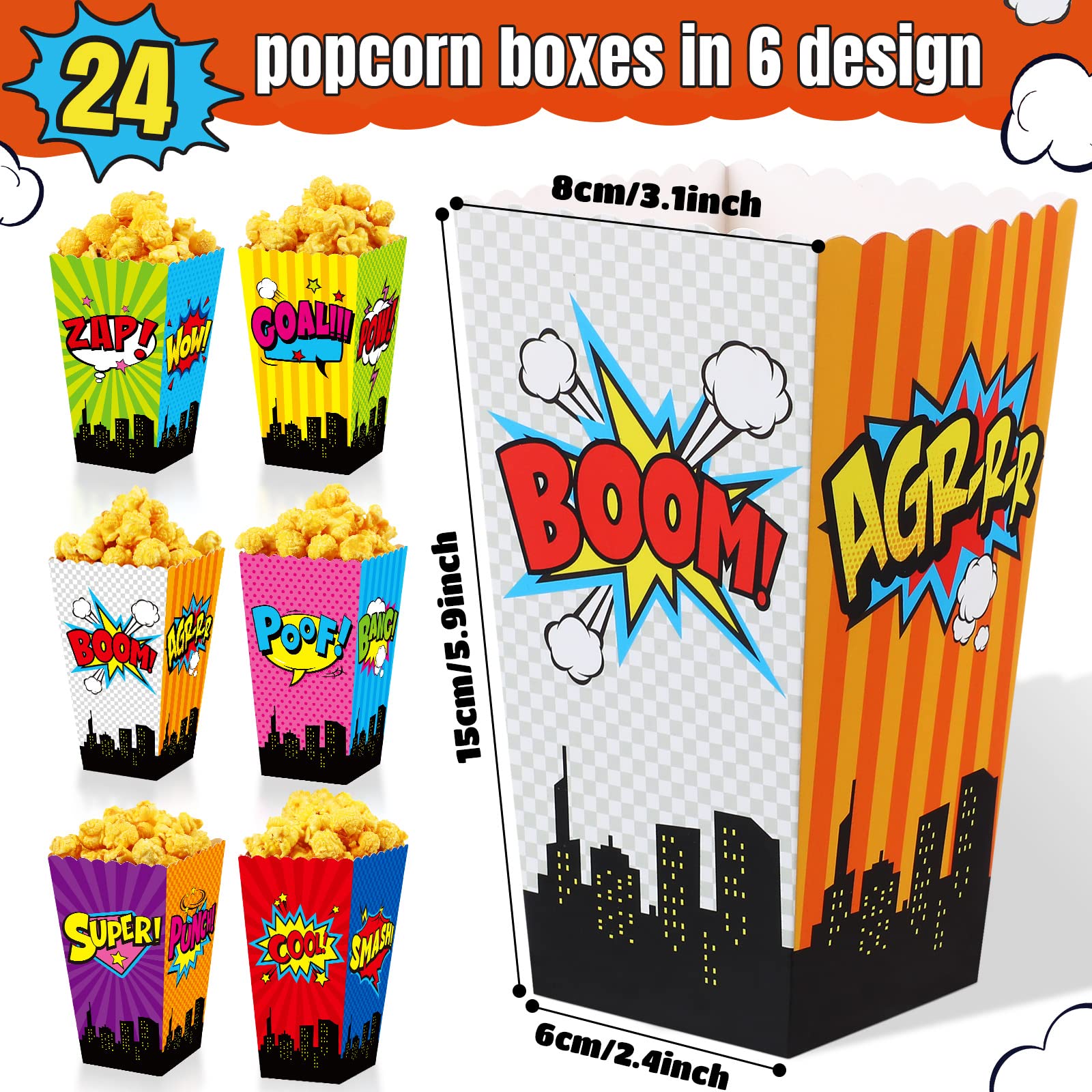 Containlol 24 Pcs Popcorn Boxes Party Favors Snack Treat Box Candy Cookie Container for Movie Cinema Theme Birthday Party Baby Shower Favor Supplies(Cheerful Style)