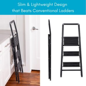 BIRDROCK HOME Slim Aluminum Step Ladder - Lightweight Folding Step Stool for Kitchen, Home, Tall Cabinets, or Closet - Compact Narrow Metal Stepstool with Anti-Slip Steps - 3 Step Ladder for Adults