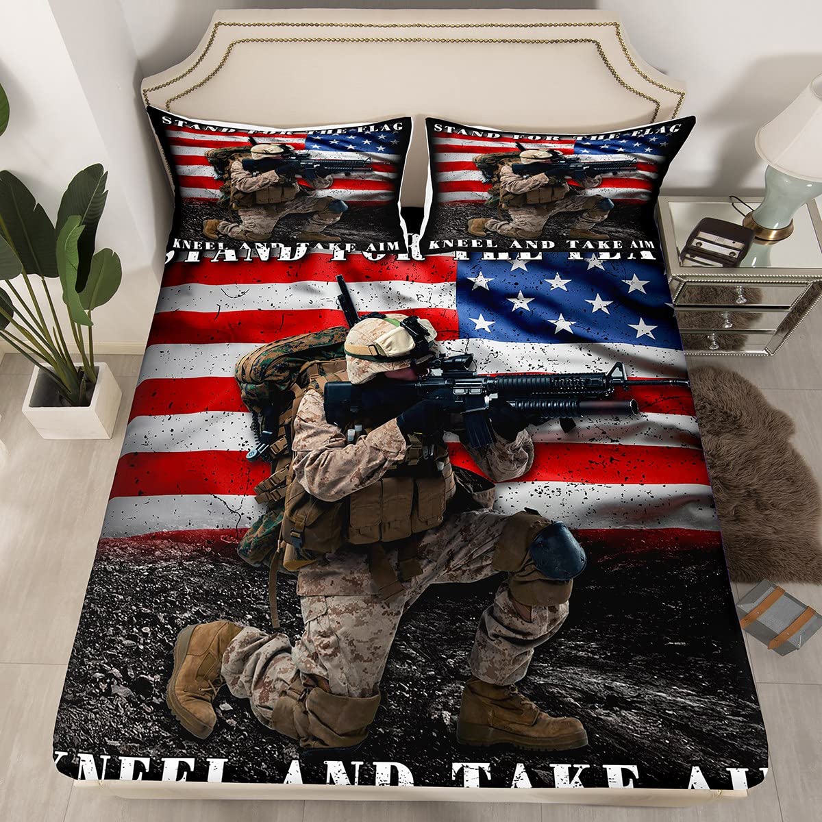 American Flag Bedding Sets Twin for Adult Teens Boys Camo Soldier Fitted Sheet Kids Men Vintage USA National Flag Fitted Bed Sheets Military Camouflage Grunge Stripes Beddings,No Flat/Top Sheet