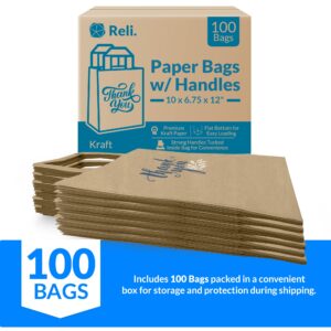 Reli. Brown Paper Bags w/Handles | 100 Pcs Bulk | 10"x6.75"x12" | Paper Thank You Bags | Printed Kraft Paper Bags, Shopping Bags, to Go Bags, Thank You Gift Bags, Wedding |25% Larger Than 10"x 5"x13"