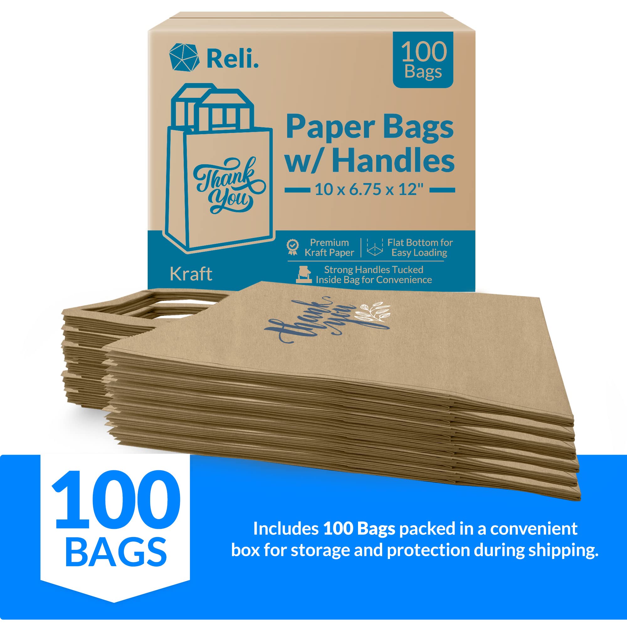 Reli. Brown Paper Bags w/Handles | 100 Pcs Bulk | 10"x6.75"x12" | Paper Thank You Bags | Printed Kraft Paper Bags, Shopping Bags, to Go Bags, Thank You Gift Bags, Wedding |25% Larger Than 10"x 5"x13"