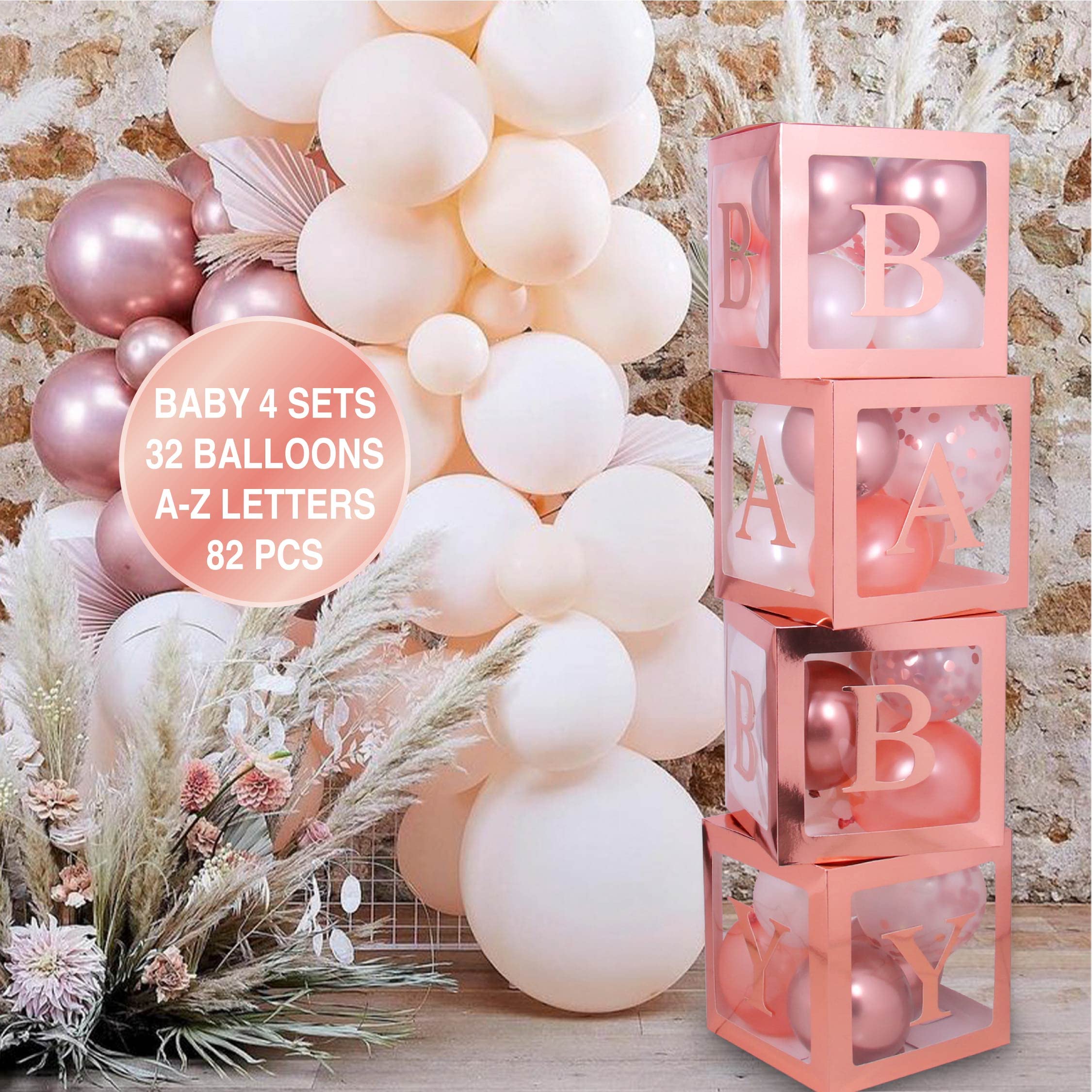 82PCS Rose Gold Baby Shower Decorations For Girl Kit - Jumbo Transparent Baby Block Balloon Box Includes BABY, Alphabet Letters DYI, White Gold Balloons, Gender Reveal 1st Birthday Party Backdrop