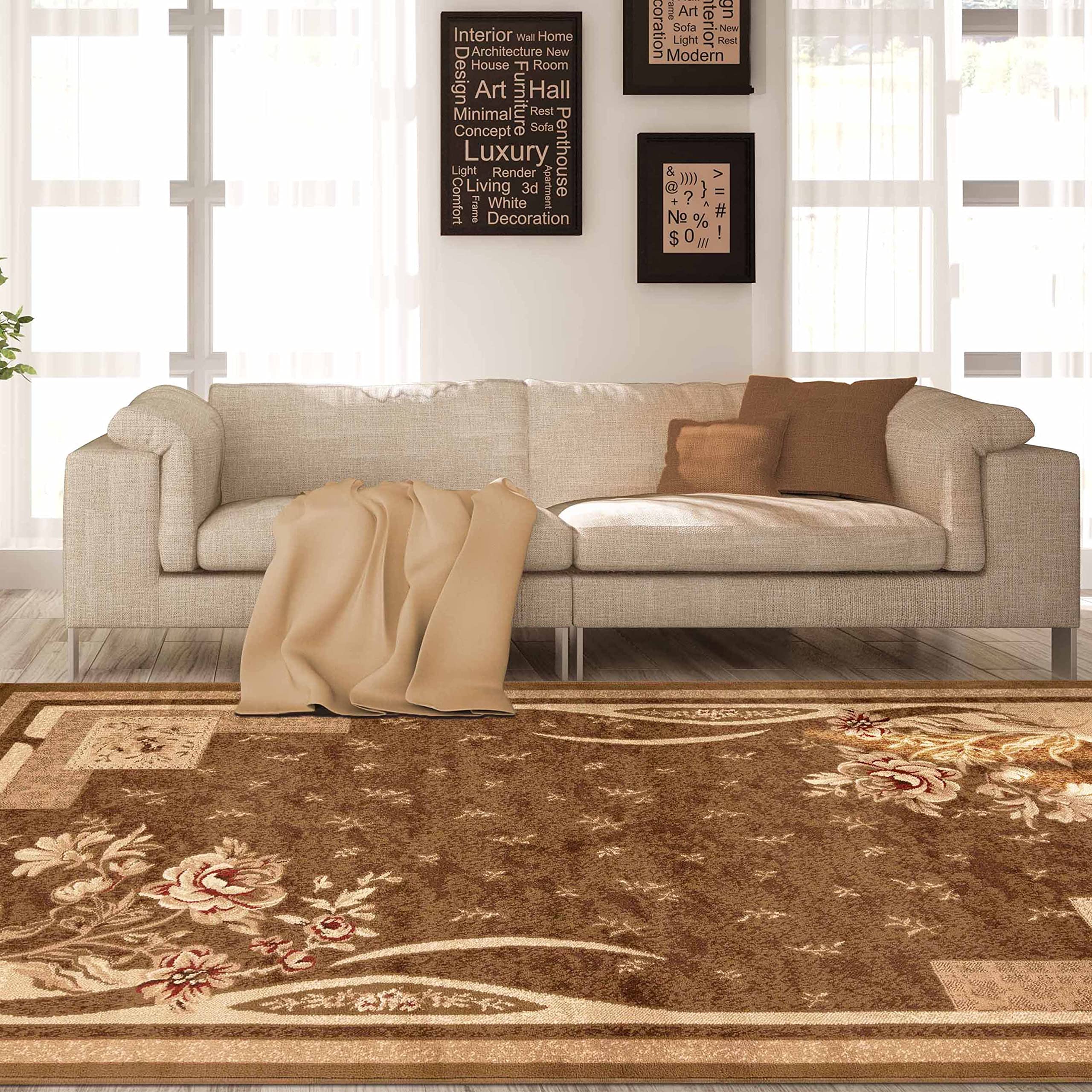 Superior Indoor Area Rug, Jute Backing, Modern Plush Rugs for Entryway, Living Room, Kitchen Floors, Bedroom, Hallway, Farmhouse Floral Rugs, Ruban Collection, 4' x 6', Beige Brown