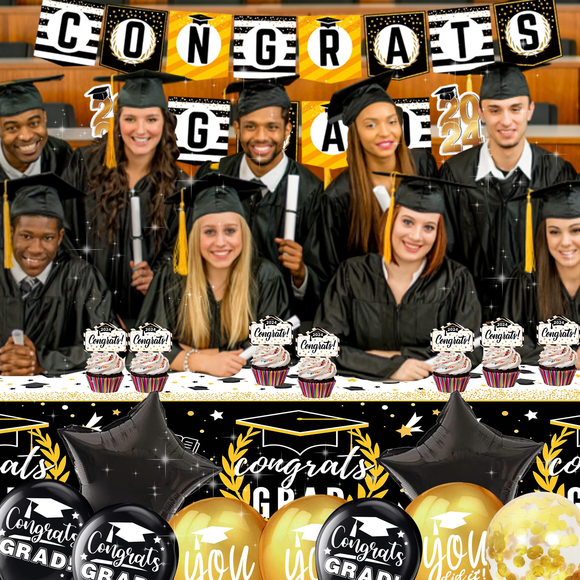 graduation decorations class of 2024 black gold - (89pack) Congrats Grad Banners, class of 2024, Hanging Swirl, Balloons, Tablecloths, Cupcake Topper, Plates, Photo Props, senior 2024 Sash