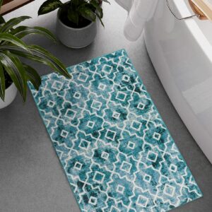 Wonnitar Moroccan Washable Area Rug - Small 2x3 Teal Distressed Entryway Rug Doormat Modern Geometric Non-Slip Throw Rug Faux Wool Floor Carpet for Bathroom Laundry Indoor Office (Teal,2'x3')