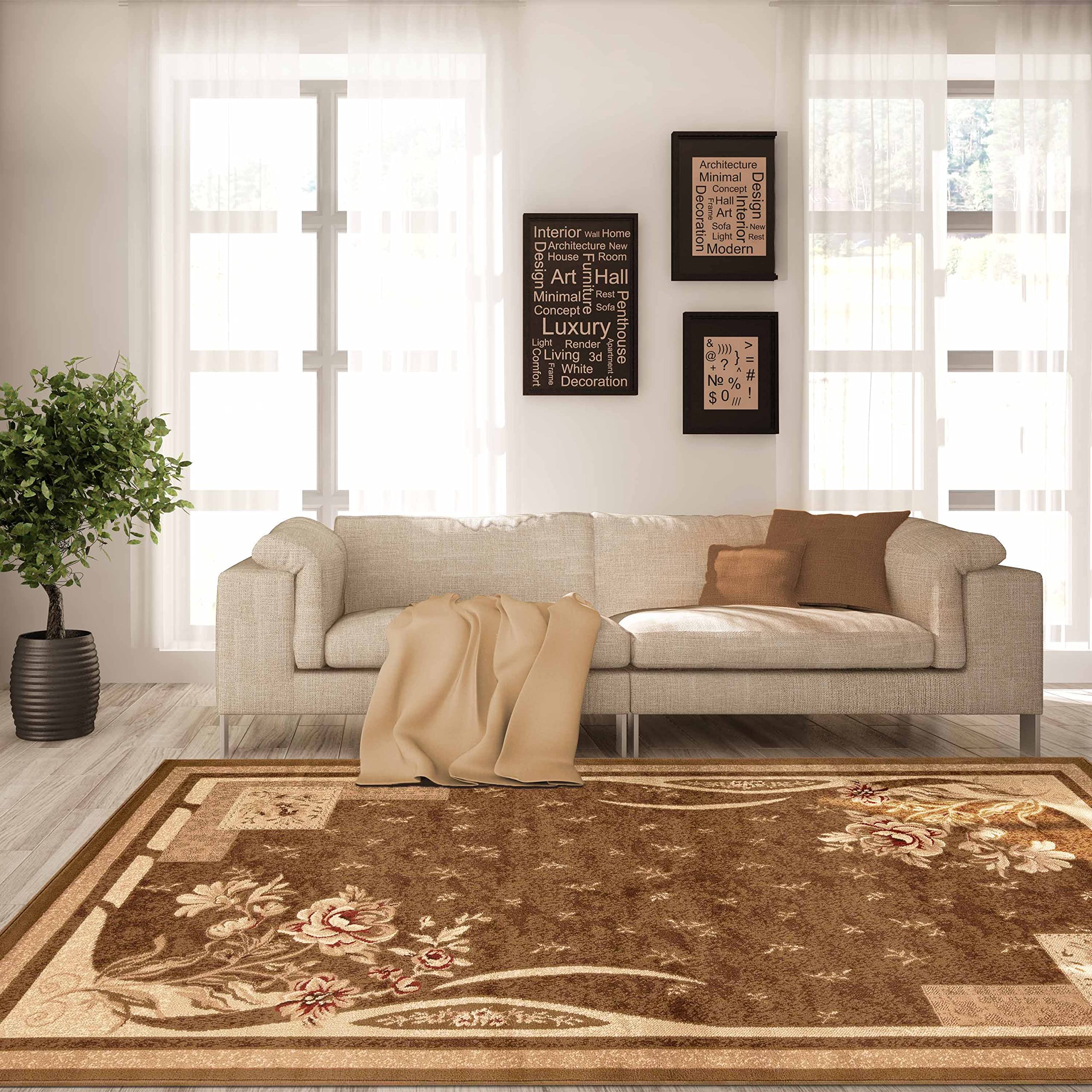 Superior Indoor Area Rug, Jute Backing, Modern Plush Rugs for Entryway, Living Room, Kitchen Floors, Bedroom, Hallway, Farmhouse Floral Rugs, Ruban Collection, 4' x 6', Beige Brown