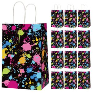 chiazllta 12 pieces neon gift bags glow in the dark party goodie bags with handle paint splatter gift bags for treat candy neon party favors for birthday supplies decor