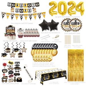 graduation decorations class of 2024 black gold - (89pack) Congrats Grad Banners, class of 2024, Hanging Swirl, Balloons, Tablecloths, Cupcake Topper, Plates, Photo Props, senior 2024 Sash