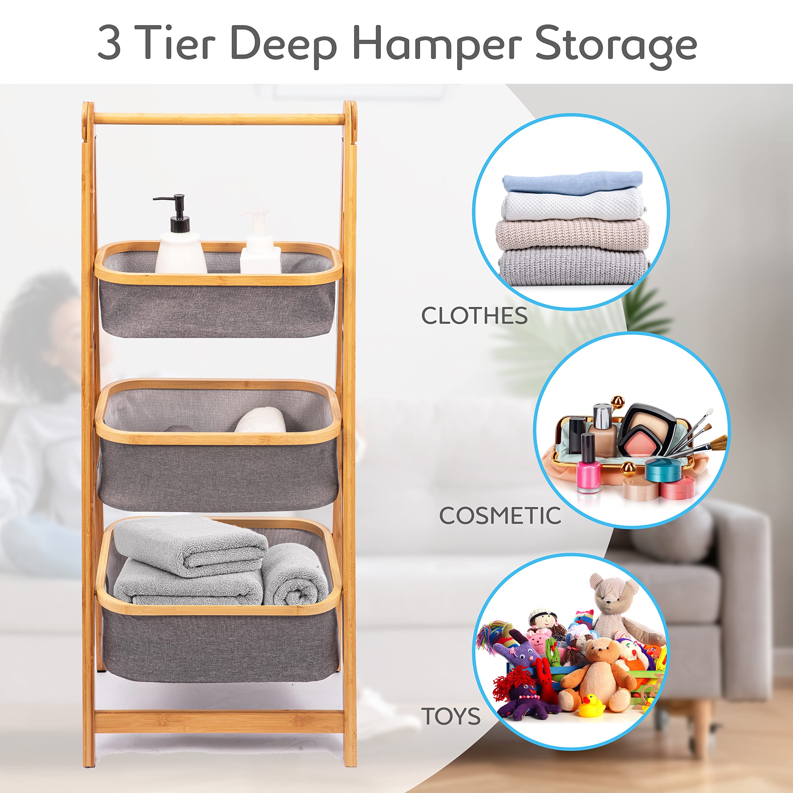 SerenelifeHome 3 Tier Fold Out Hamper Shelf Storage - Space Saving Collapsible Foldable Natural Bamboo Wooden Organizer Removable Baskets for Bedroom Bathroom Laundry Clothes Towels