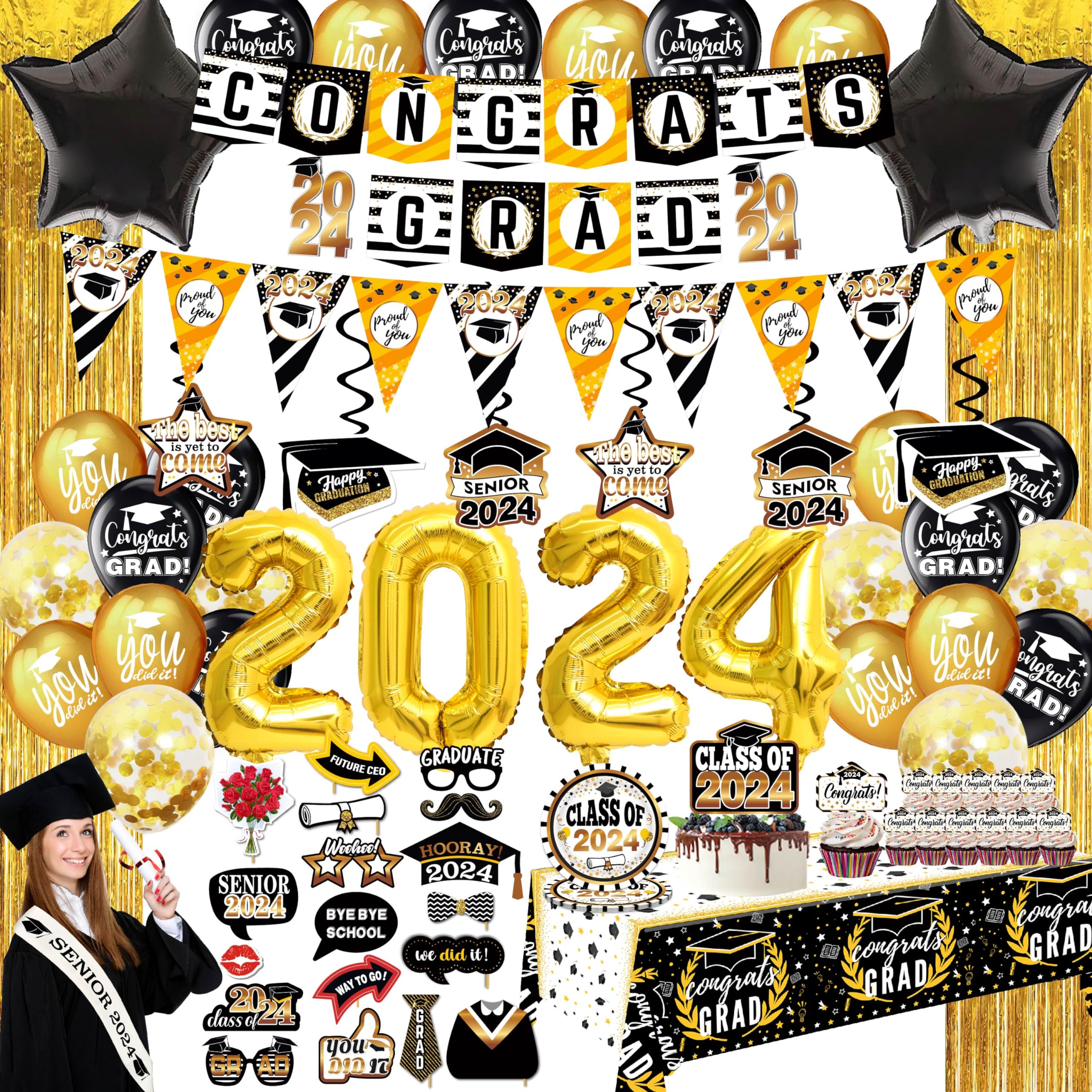 graduation decorations class of 2024 black gold - (89pack) Congrats Grad Banners, class of 2024, Hanging Swirl, Balloons, Tablecloths, Cupcake Topper, Plates, Photo Props, senior 2024 Sash