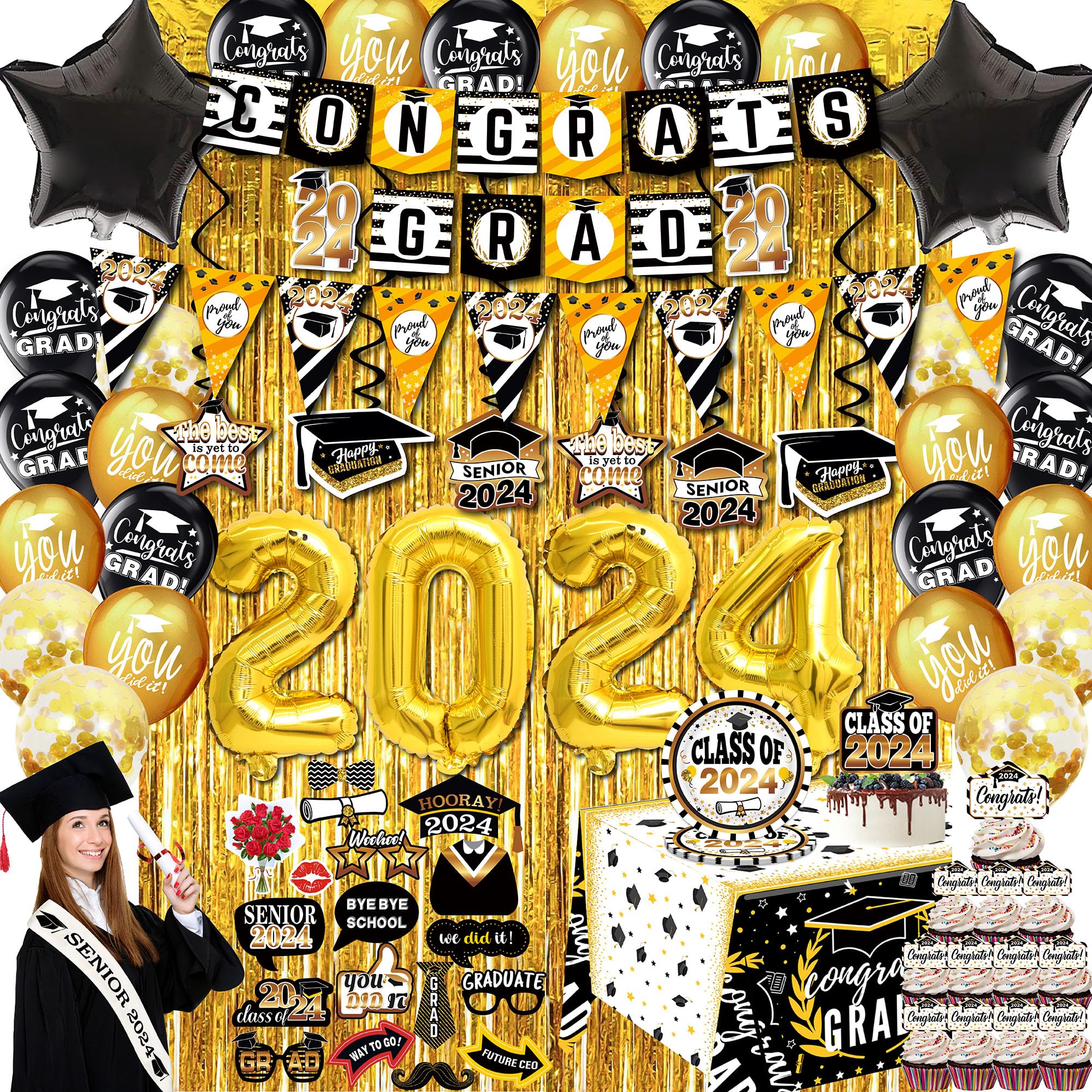 graduation decorations class of 2024 black gold - (89pack) Congrats Grad Banners, class of 2024, Hanging Swirl, Balloons, Tablecloths, Cupcake Topper, Plates, Photo Props, senior 2024 Sash