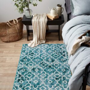 Wonnitar Moroccan Washable Area Rug - Small 2x3 Teal Distressed Entryway Rug Doormat Modern Geometric Non-Slip Throw Rug Faux Wool Floor Carpet for Bathroom Laundry Indoor Office (Teal,2'x3')