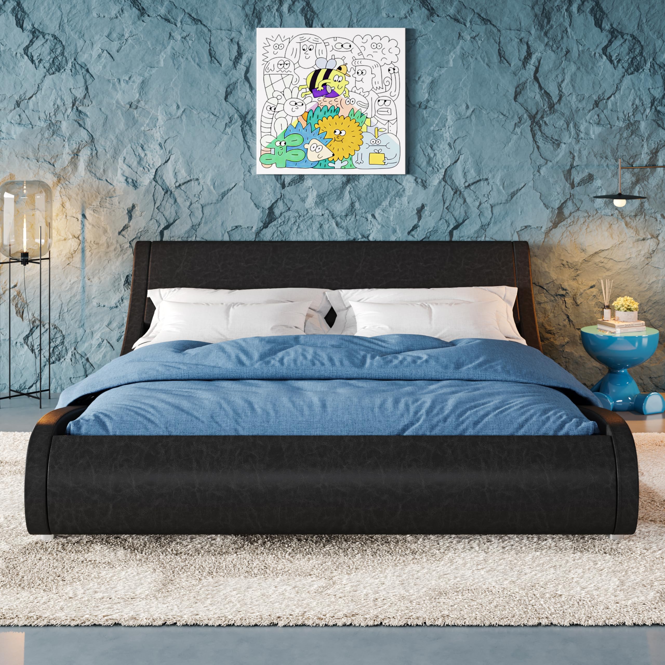 Allewie Upholstered Queen Size Platform Bed Frame Modern Low Profile Sleigh Bed with Faux Leather Adjustable Headboard, Wood Slat Support, Easy Assembly, No Box Spring Needed, Glossy Black