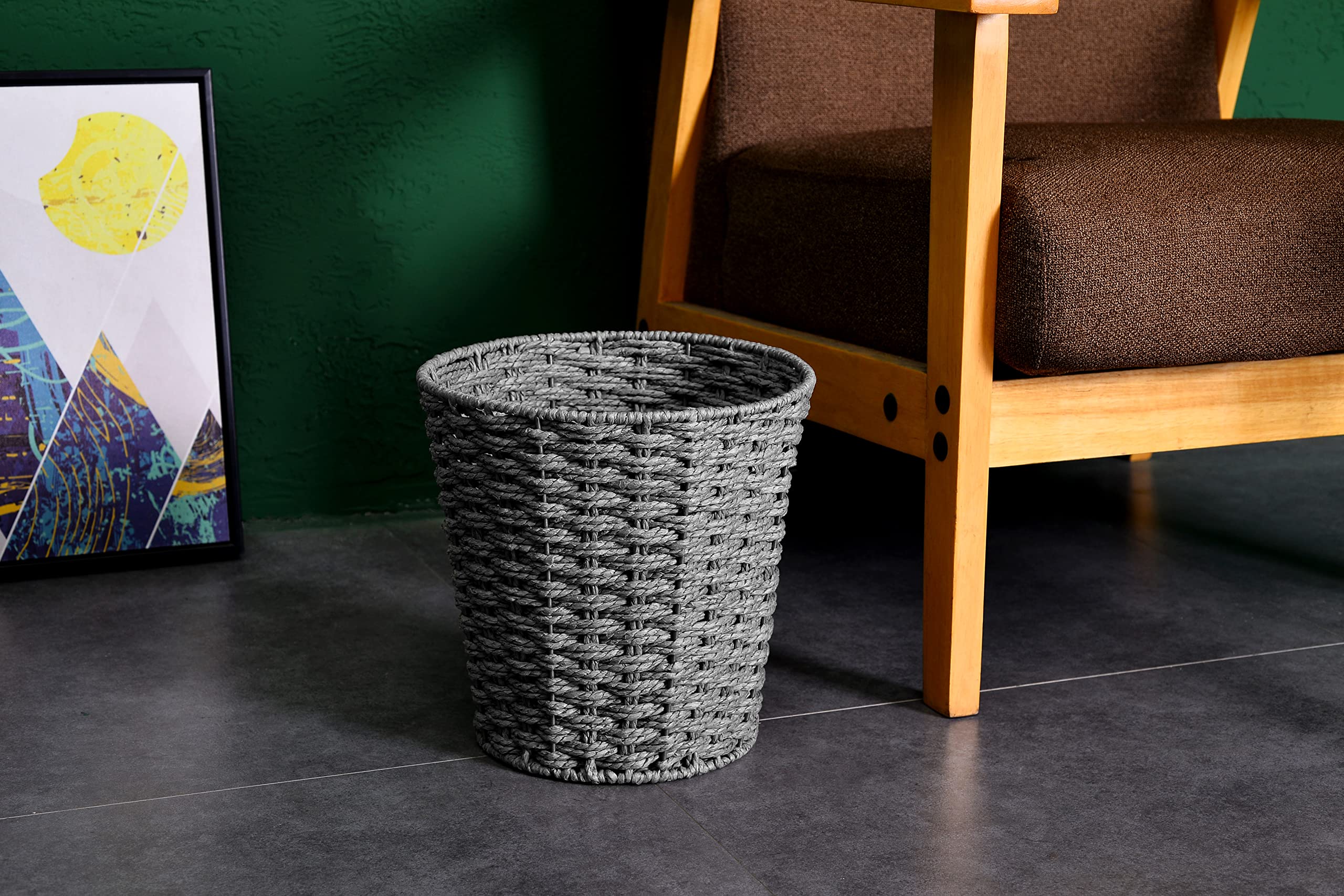 Zuvo Round Wicker Waste Basket Paper Bin - Wicker Trash Basket - Woven Trash Can Rubbish Basket for Bedroom, Bathroom, Offices or Home (Grey)