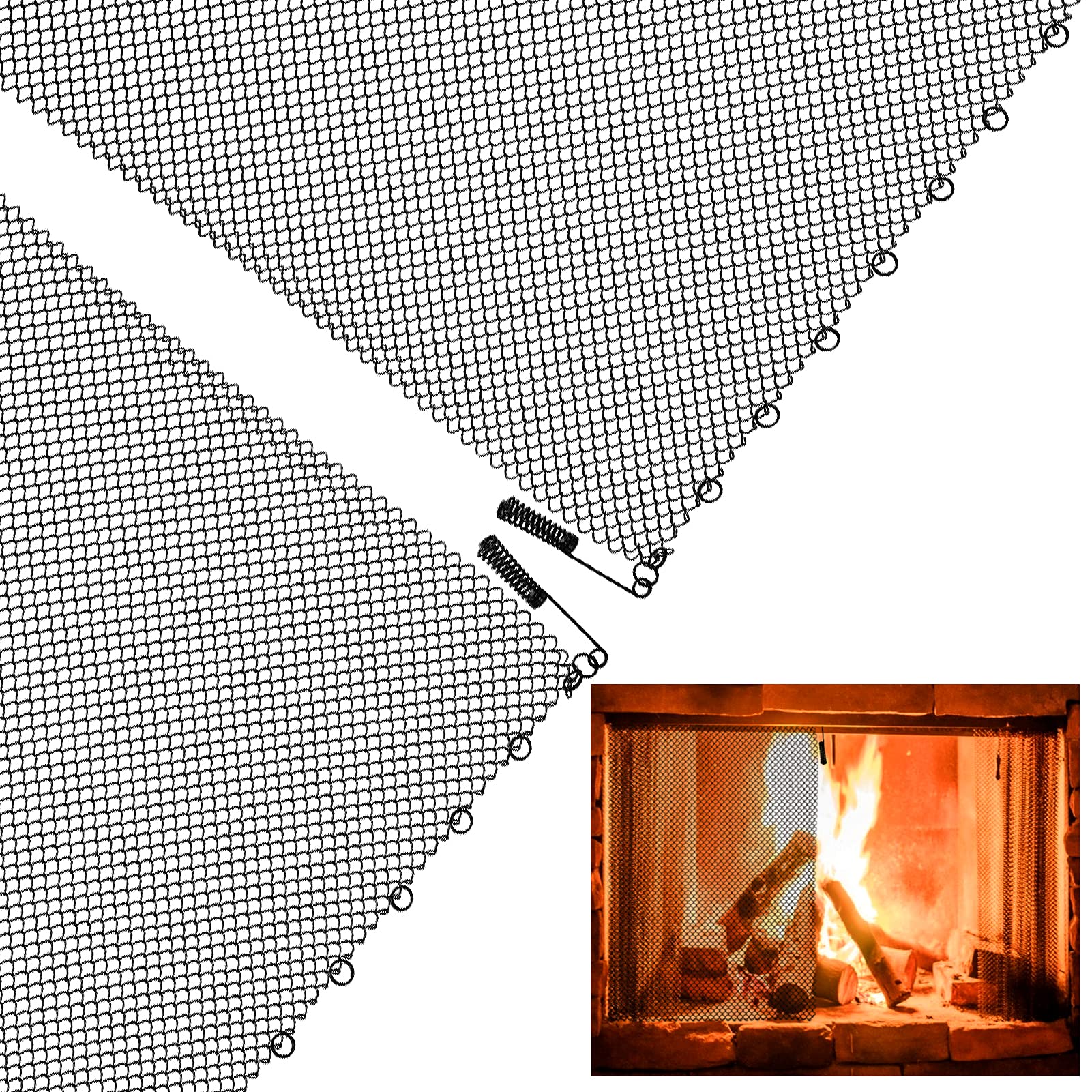 2 Pcs 22" H × 24" W Fireplace Mesh Screen Curtains - Decorative Spark Guard Chain, Easy-to-Install Hanging Replacement Screens for Home Wood Burning Fireplace