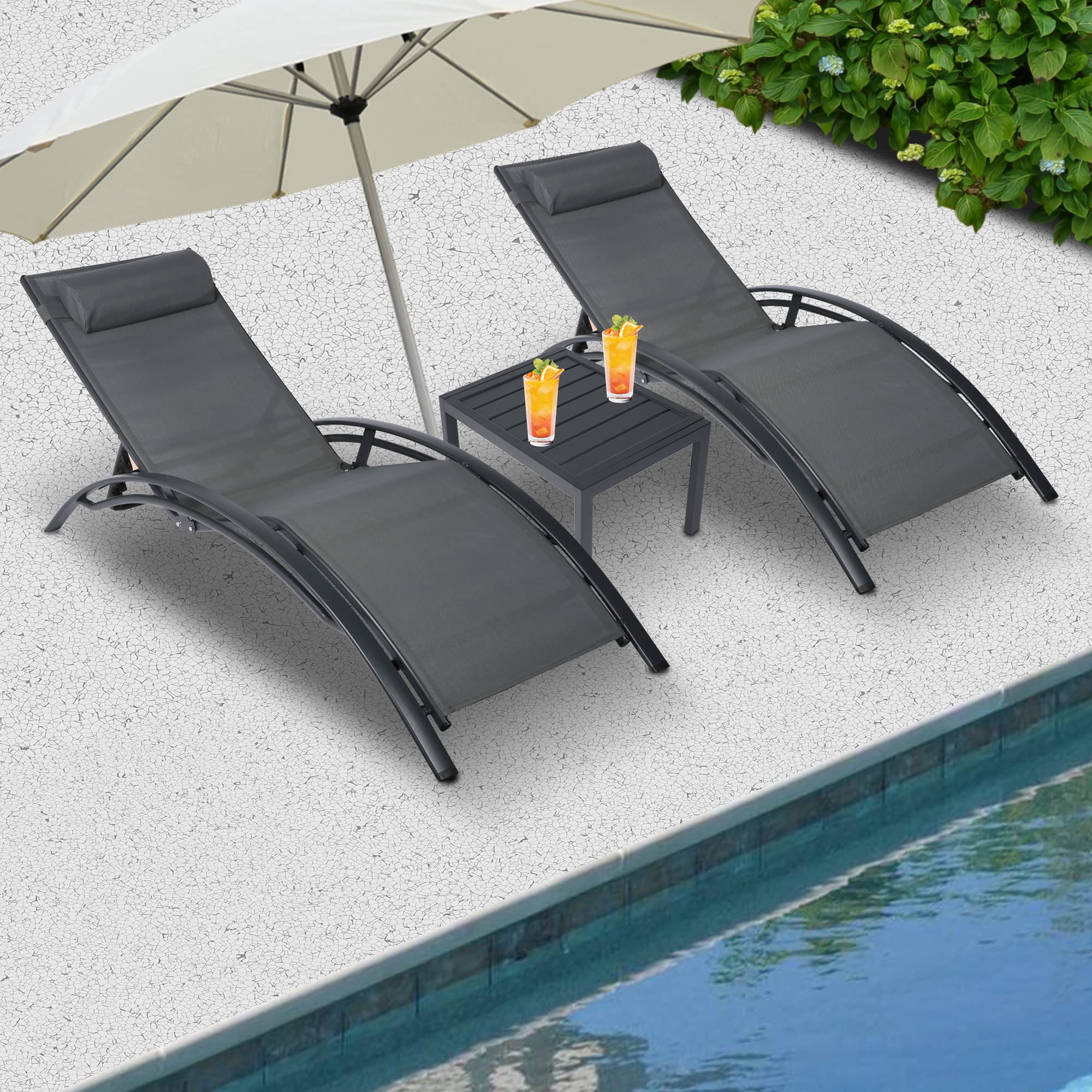 Outdoor Chaise Lounge Set of 3 Pool Lounge Chairs for Outside, Patio Lounge Chairs Set with Adjustable Backrest for All Weather, Including Side Table, 350lbs Weight Capacity Pool Furniture Set, Grey