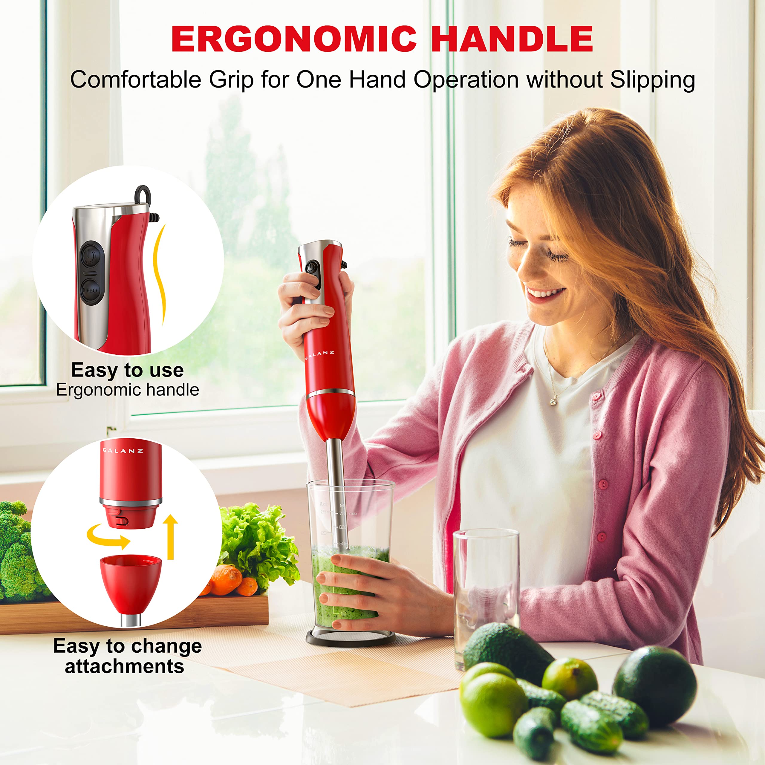 Galanz 4-in-1 Retro Immersion Hand Blender & Food Chopper with Whisk, 2 Speeds, Blending Beaker Included, Stainless Steel, 260W, Red