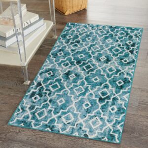 Wonnitar Moroccan Washable Area Rug - Small 2x3 Teal Distressed Entryway Rug Doormat Modern Geometric Non-Slip Throw Rug Faux Wool Floor Carpet for Bathroom Laundry Indoor Office (Teal,2'x3')