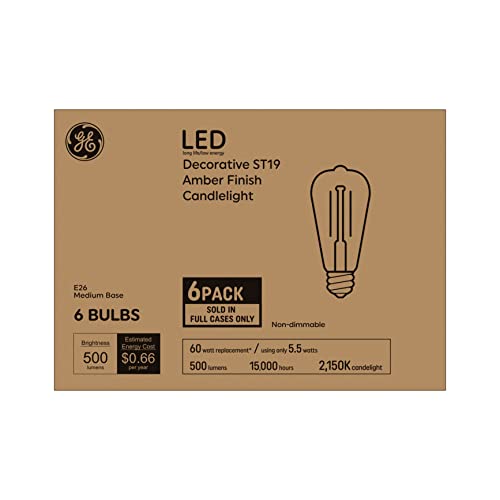 GE Vintage Style LED Light Bulbs, 60 Watt, Amber Finish, ST19 Edison Style Bulbs (6 Pack)