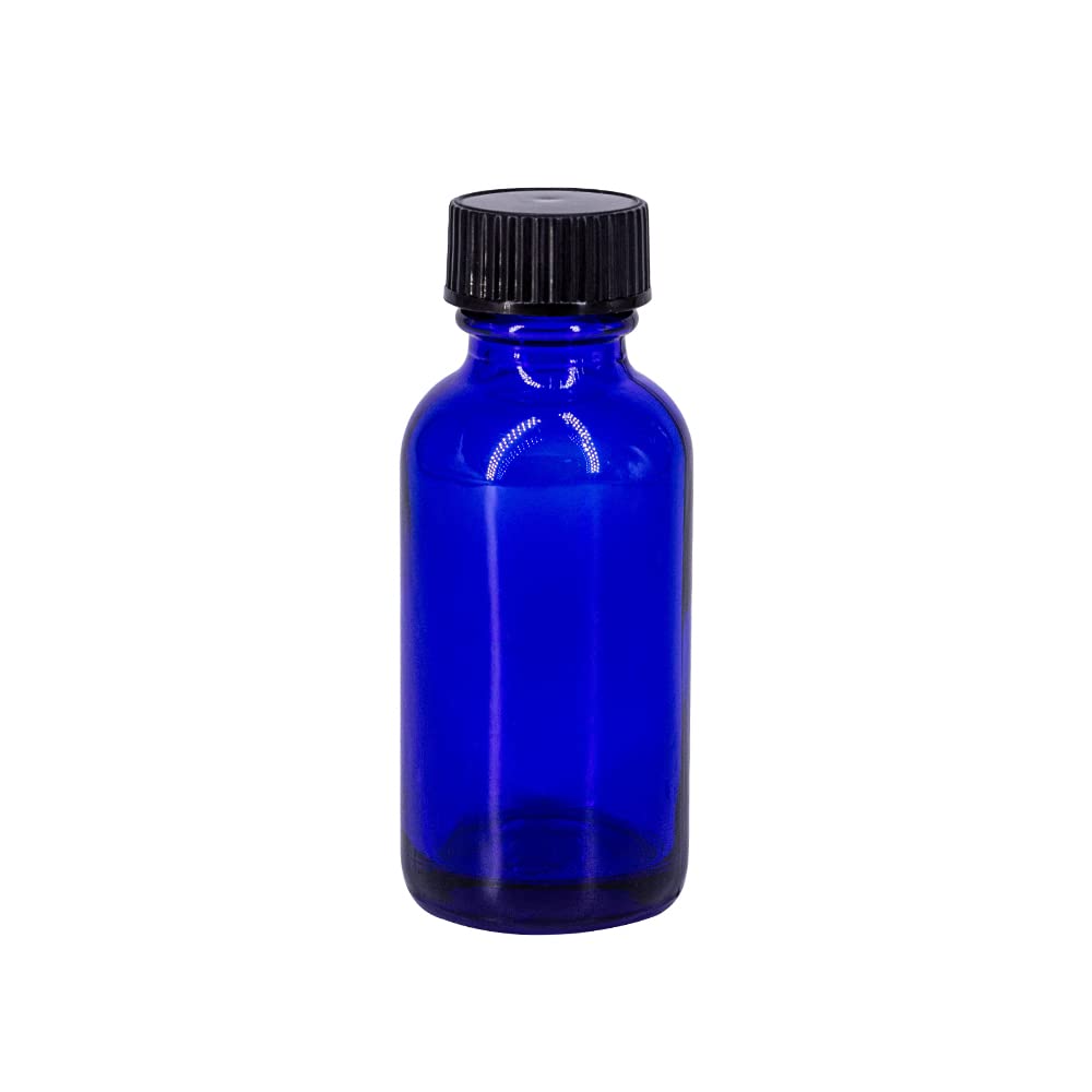 1 oz Cobalt Blue Glass Boston Round Bottles With Black Ribbed Cap - Pack of 24