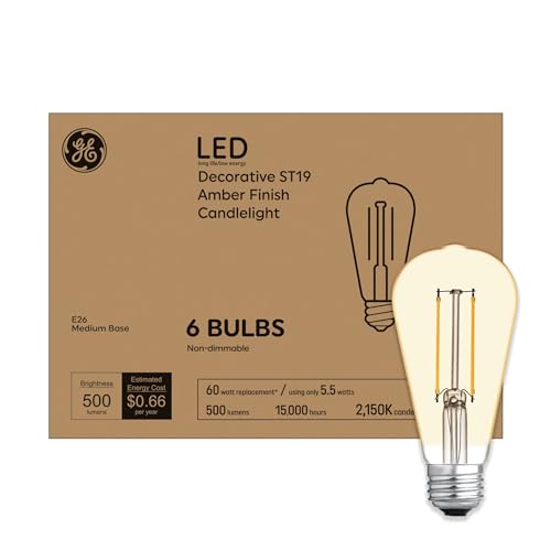 GE Vintage Style LED Light Bulbs, 60 Watt, Amber Finish, ST19 Edison Style Bulbs (6 Pack)