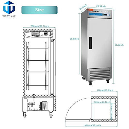 WESTLAKE 27" W Commercial Refrigerator Stainless Steel Reach in Solid Single Door Upright Fan Cooling 23 Cu.ft Cooler for Restuarant, Bar, Shop, etc