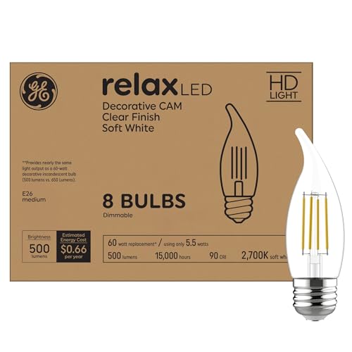 GE Relax LED Light Bulbs, 60W, Soft White Candle Lights, Decorative Bulbs, Medium Base (8 Pack)